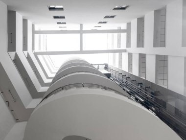 Spiral staircase low angle view. Building interior.