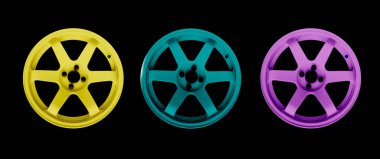 Three car alloy wheel isolated on black background. New alloy wheel for a car on a black background. Alloy rim isolated. Car wheel disc.