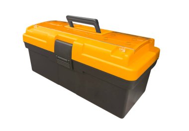 Plastic box with red locks for repair tools isolated over white background. Toolbox isolated. 