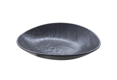 Boş siyah seramik plaka beyaz bir arkaplanda izole edilmiş. Siyah tabak izole edilmiş..