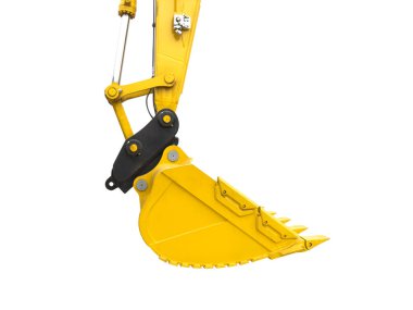 Sürüngen kazıcı beyaz arka planda izole edilmiş kaldırma kovası ile. Genişletilmiş kova kapaklı güçlü bir kazıcı. Toprak işçiliği için inşaat ekipmanları