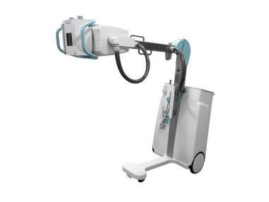 Tıbbi tarayıcı olarak X-ray cihazı beyaz arka planda izole edildi. Mobil röntgen cihazı izole edildi. Tıp ve Bilim Ekibi.