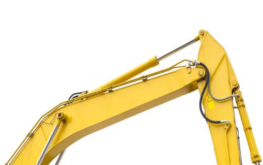 Sürüngen kazıcı beyaz arka planda izole edilmiş kaldırma kovası ile. Genişletilmiş kova kapaklı güçlü bir kazıcı. Toprak işçiliği için inşaat ekipmanları