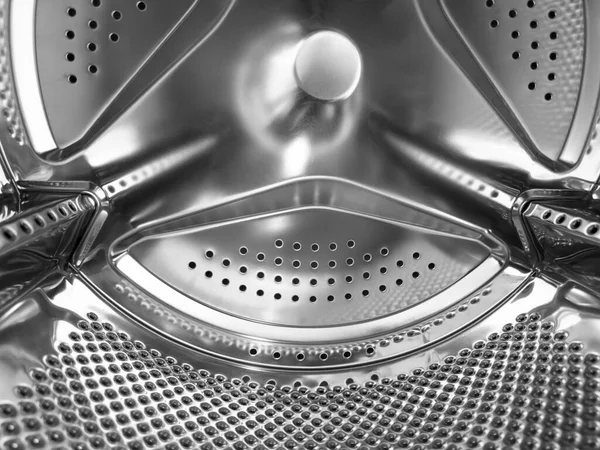洗濯機のドラムが閉まります 洗濯機の背景 洗濯機の中だ 金属洗浄機ドラム 光沢のある金属 — ストック写真