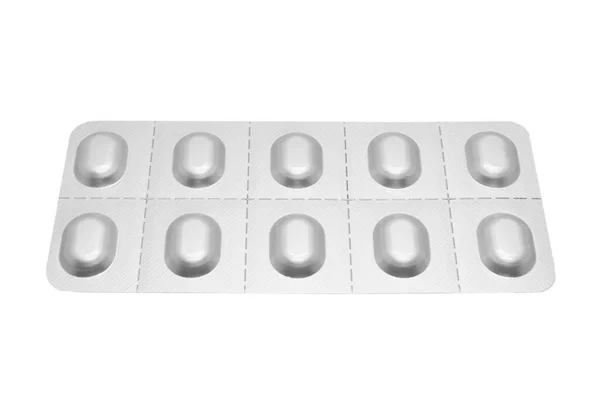 白い背景に隔離された銀製ブリスター包装に錠剤のマクロショット杭 アルミ箔ブリスターパック 医薬品 薬や薬が閉まります 丸薬の背景 — ストック写真