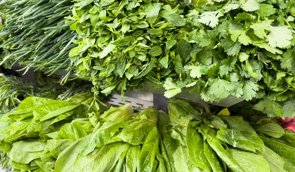Conjunto Vegetais Balcão Mercado Cebolas Verdes Rabanetes Vermelhos Alface Salsa — Fotografia de Stock