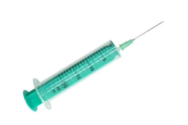Töm Sprutan Nära Håll Isolerad Vit Bakgrund Vaccinera Injektionssprutan Plast — Stockfoto
