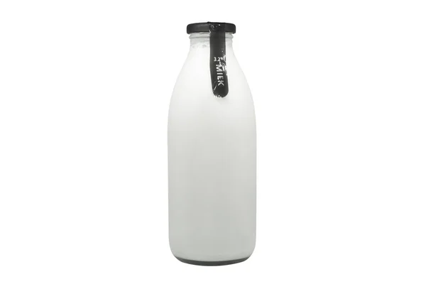 Botol Kaca Mockup Susu Segar Dengan Tutup Tutup Hitam Yang — Stok Foto