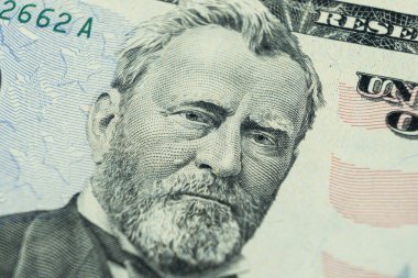Macro 150 dolarlık banknotta Ulysses S. Grant 'in portresini çekti. Paranın özgeçmişi. Ulysses S. Grant ile 50 dolarlık banknot. Para geçmişi. Yüz resmi