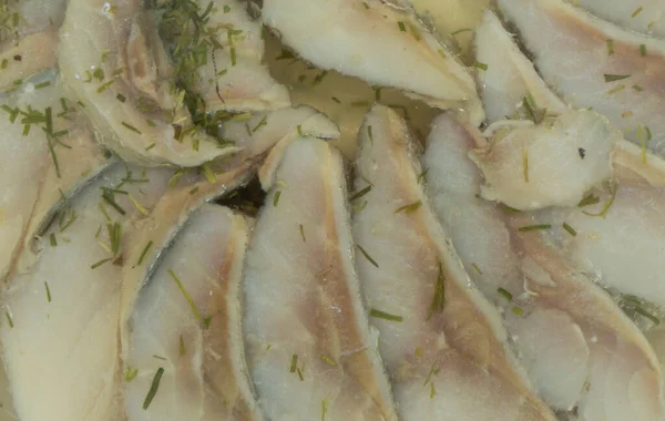 Ψάρι Ρέγγας Κομμένο Φέτες Και Τουρσί Φόντο Υφή Ψαριού Αλμυρή — Φωτογραφία Αρχείου