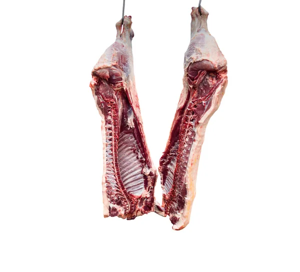 Industria Cárnica Carne Res Colgando Cortar Colgar Gancho Matadero Aislado — Foto de Stock