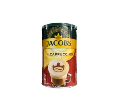 Erivan, Ermenistan, 20 Mayıs 2023: Jacobs Cappuccino hazır kahve. Kahve cam kavanozu beyaz masada duruyor. Kahve Jacobs logosu.