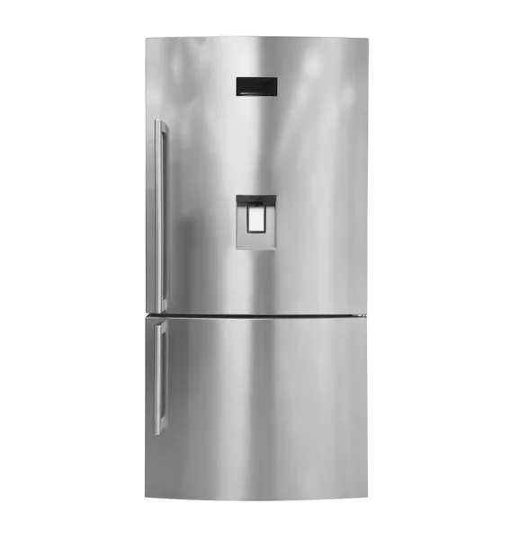 Новый Холодильник Изолирован Белом Фоне Вид Спереди Современный Стальной Холодильник — стоковое фото