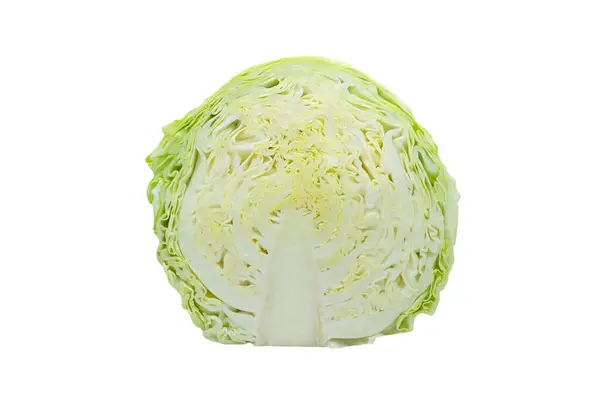 白い背景に隔離されたスライスされたキャベツの頭 熟したスライスキャベツ 有機食品 — ストック写真