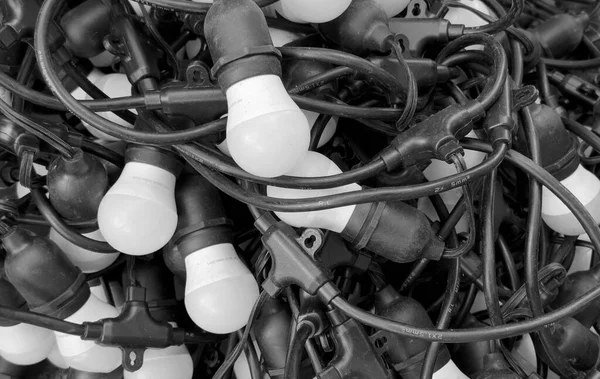 Muchas Luces Led Redondas Con Cables Bombillas Cableadas Textura Fondo — Foto de Stock