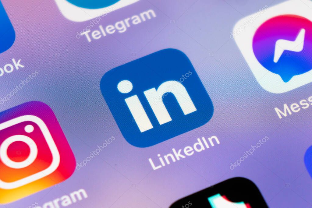 Yerevan, Armenia, June 8, 2023: Linkedin application on Apple iPhone 14 pro max screen close-up. Linked in app icon. Linkedin logo. Social media app. Social network