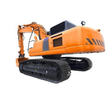 Sürüngen kazıcı beyaz arka planda izole edilmiş kaldırma kovası ile. Genişletilmiş kova kapaklı güçlü bir kazıcı. Toprak işçiliği için inşaat ekipmanları