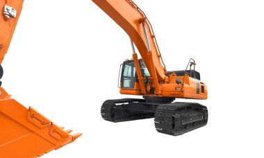 Sürüngen kazıcı beyaz arka planda izole edilmiş kaldırma kovası ile. Genişletilmiş kova kapaklı güçlü bir kazıcı. Toprak işçiliği için inşaat ekipmanları