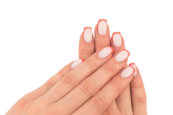 Mulher Mão Com Manicure Isolada Sobre Fundo Branco Imagem Close — Fotografia de Stock