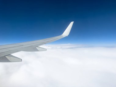 White wing from airplane window on sunny day. Great views of landscape. Aerial view of clouds through a plane window. Wing of airplane with blue sky and beauty clouds