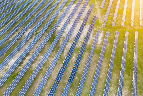 Aerial View Solar Panels Sunny Day Power Farm Producing Clean — Stock Photo, Image