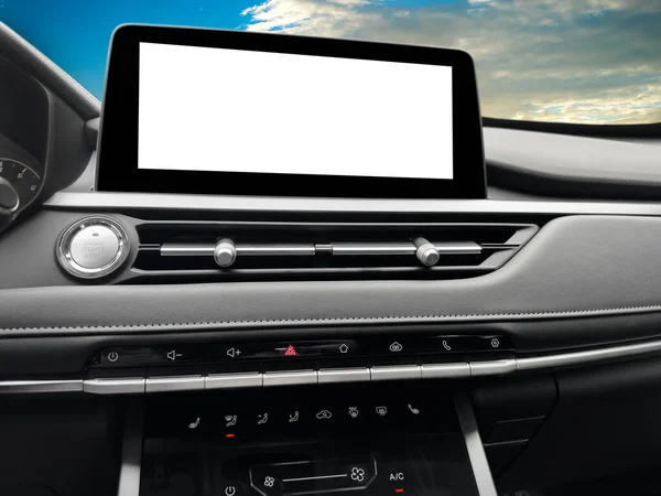 Monitor in car with isolated blank screen use for navigation maps and GPS. With clipping path. Car detailing. Car display with blank screen. Modern car black leather interior details.