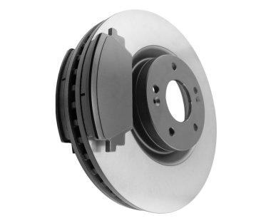 Fren diskleri ve fren yastıkları beyaz arka planda izole edilmiş. Otomobil parçaları. Fren diski pervanesi beyaza izole edildi. Fren diski. Araba parçası. Araba servisi veya bakım için yedek parça