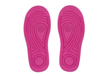 Yürüyüş botları için desenli lastik taban. Beyaz arka planda izole edilmiş. Pembe dış tabanlı spor ayakkabıları.
