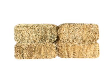 Saman yığını beyaz arka planda izole edilmiş. Büyük yığınlar halinde saman balyaları. Tarımda hasat..