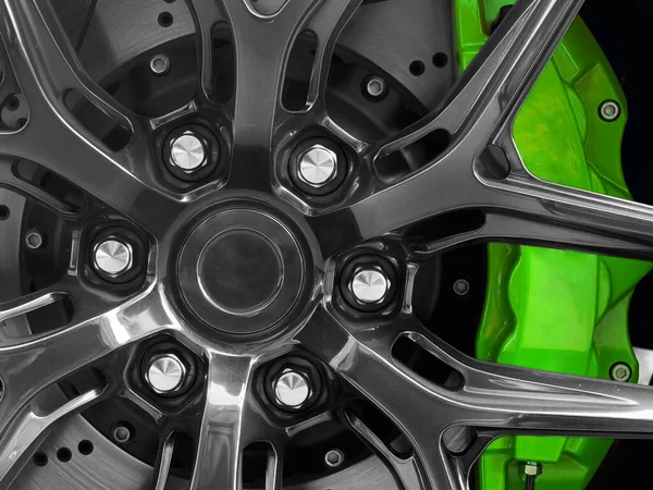 Tyre and alloy wheel. Modern brakes. Car exterior details. Car alloy wheel. New alloy wheel for a car. Alloy rim wheel disc.