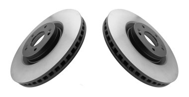 Araba fren diski beyaz arka planda izole edildi. Yedek yedek parça. Delinmiş fren diski rotoru beyaza izole edildi. Havalandırmalı diskler frenleniyor. Araba servisi veya bakım için yedek parça