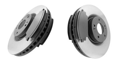 Fren diskleri ve fren yastıkları beyaz arka planda izole edilmiş. Otomobil parçaları. Fren diski pervanesi beyaza izole edildi. Fren diski. Araba parçası. Araba servisi veya bakım için yedek parça