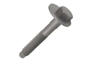 Camber, beyaz arka planda civataları yakın plan ayarlıyor. Cam cıvatası izole. Tekerleğin açısını izole etmek için eksantrik vida cıvatası. 