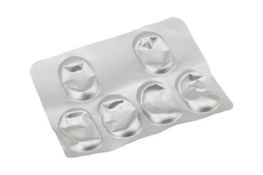 Boş su toplayıcı haplar beyaz arka planda izole edilmiş. Boş gümüş kabarcık. Su toplaması için hap kullandım. Uyuşturucudan dolayı su toplamış..