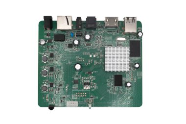 Devre panosunun mikro çipli ve elektronik parçalı makro görüntüsü. Bilgisayar donanım teknolojisi. Bütünleşik iletişim işlemcisi.