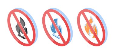 İzometrik görüntüde 3D simgeleri ateşleme. Mavi ve turuncu alevli tehlike işaretleri. Beyaz arkaplanda izole edilmiş vektör illüstrasyonu.