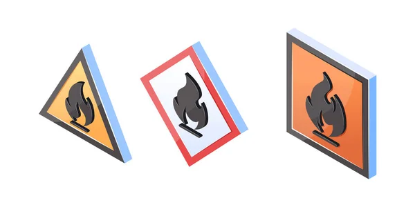 Risque Incendie Panneaux Vue Isométrique Avertissement Des Symboles Hautement Inflammables — Image vectorielle