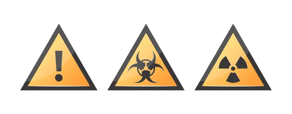 危险图标 黄色三角形警告标志 一般性警告 生物危害 电离辐射符号 在白色背景上孤立的向量图 — 图库矢量图片