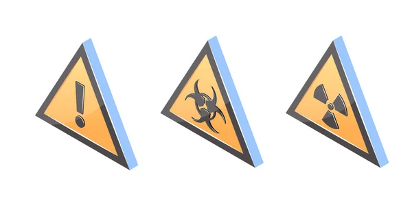 3D危险图标 黄色三角形警告标志在等距视图 一般性警告 生物危害 电离辐射符号 在白色背景上孤立的向量图 — 图库矢量图片