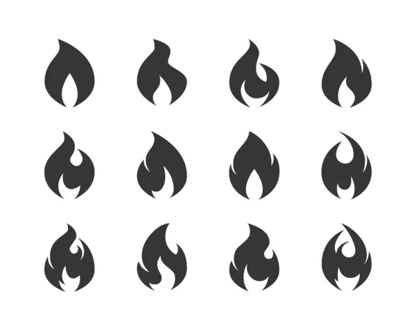 Tűz Ikonok Egyszerű Fekete Láng Emoji Lapos Stílusban Elszigetelt Fehér — Stock Vector