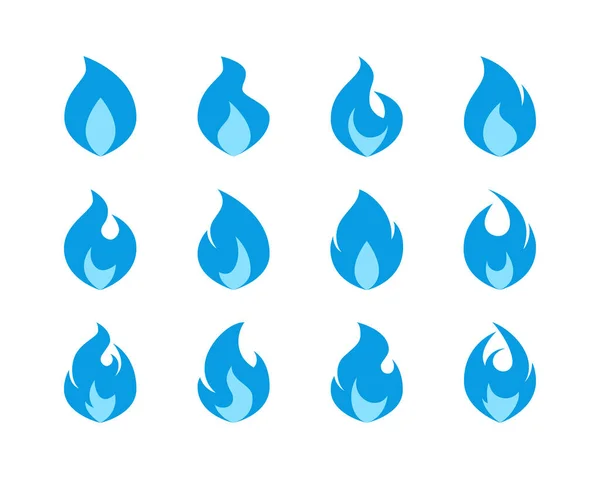 Gáz Ikon Készlet Kék Láng Piktogramok Lapos Stílusban Elszigetelt Fehér — Stock Vector