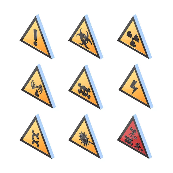 Isometric Hazard Icons Yellow Triangle Warning Signs Vector Illustration Isolated — Stock Vector