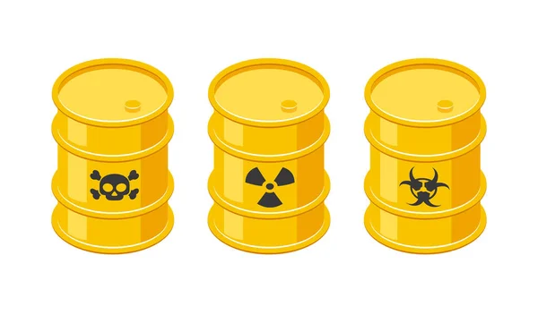 Lufy Izometryczne Niebezpiecznymi Odpadami Toksycznymi Ikony Żółtych Metalowych Bębnów Czaszką — Wektor stockowy