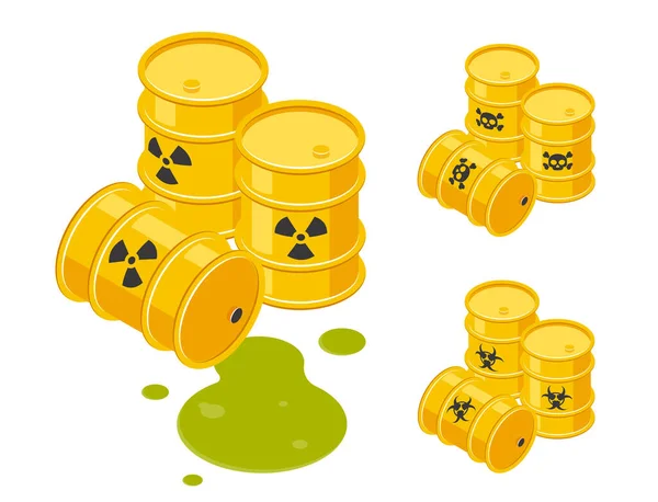 Barris Isométricos Com Resíduos Tóxicos Derramados Ícones Tambores Metal Amarelo —  Vetores de Stock