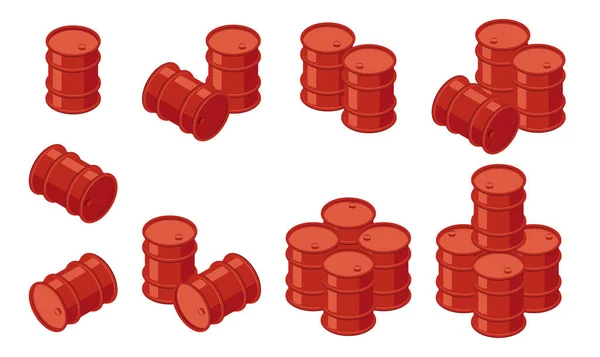 Izometrické Sudy Ikony Červených Kovových Bubnů Koncept Skladování Vektorové Ilustrace — Stockový vektor