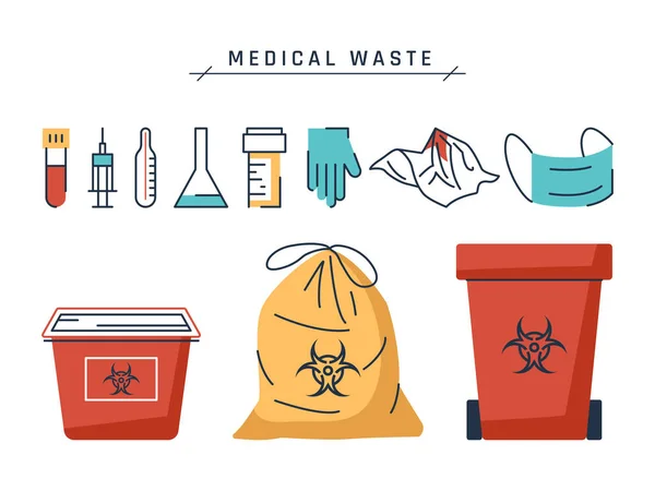 生物危害废物图标 装有危险标志的袋子 容器和垃圾桶 白色背景下孤立的卡通或扁平风格的一组病媒医疗物品 免版税图库插图