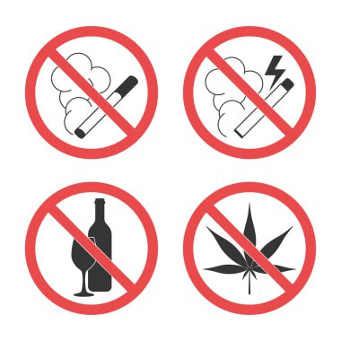 İçki yasağı sembolleri. Sigara, içki, uyuşturucu yok. Yanan elektronik ve filtrelenmiş sigara, kenevir yaprağı ve alkol tabelaları. Düz bir arkaplanda izole edilmiş vektör illüstrasyonu