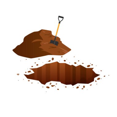 Zemin çukuru ve kürekle toprak yığını. Çimenlikteki çizgi film deliği. Beyaz arkaplanda izole edilmiş vektör illüstrasyonu.