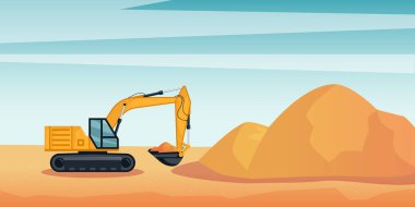 Sürüngen kazıcısı kum ocağında. Çizgi film tarzında yatay sanayi manzarası. Vektör illüstrasyonu.