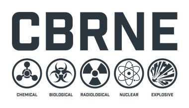 Kimyasal, biyolojik, radyolojik, nükleer, patlayıcı semboller. CBRNE simgeleri. Basit siyah piktogramlar. Düz bir arkaplanda izole edilmiş vektör illüstrasyonu.